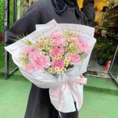 11支粉色康乃馨搭配洋甘菊喷泉草花束