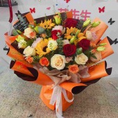 3支向日葵混搭香槟玫瑰红玫瑰花束