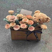 【爱的抱抱】15支卡布奇诺玫瑰抱抱熊公仔抱抱袋花束