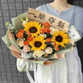 3支向日葵5支香槟玫瑰鲜花花束