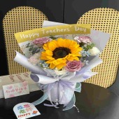 1支向日葵搭配紫玫瑰紫色系花束