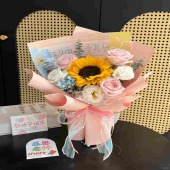 1支一向日葵搭配粉玫瑰粉色包装花束
