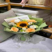 【青春洋溢】1支向日葵4支香槟混搭雏菊桔梗花束绿色包装