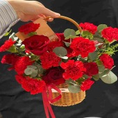 15支红色康乃馨6支红玫瑰混搭手提鲜花花篮送母亲送妈妈花店送花上门