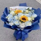 【前程似锦】2支向日葵11支碎冰蓝白玫瑰混搭花束鲜花店送花上门