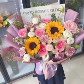 2支向日葵混搭粉玫瑰紫色系花束